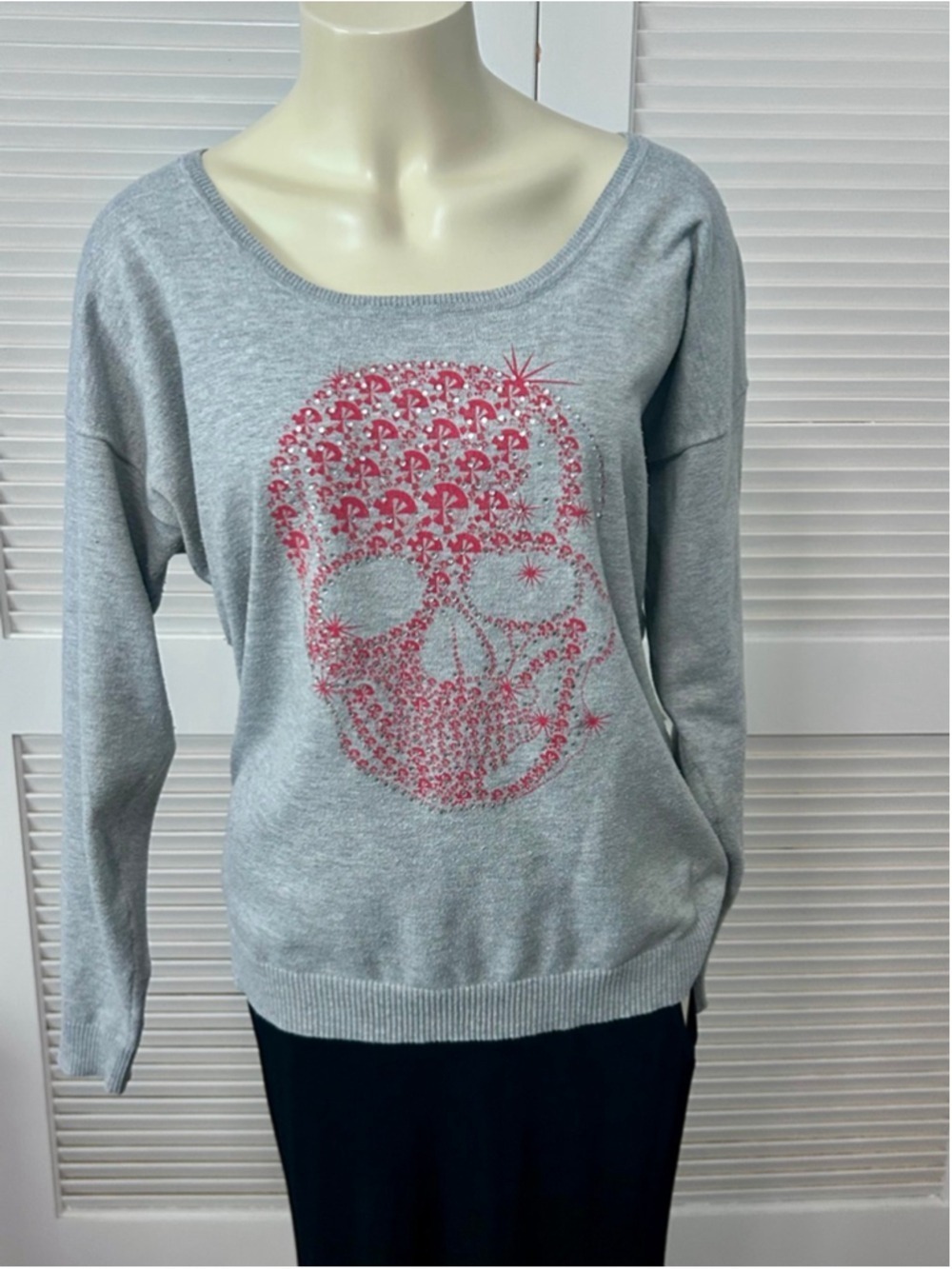 Charlotte Russe Skull Rhinestone Sweater Gray Knit Crew Neck Goth Punk L